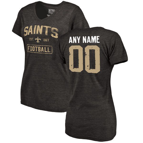 Women Black New Orleans Saints Distressed Custom Name and Number Tri-Blend V-Neck NFL T-Shirt->->Sports Accessory